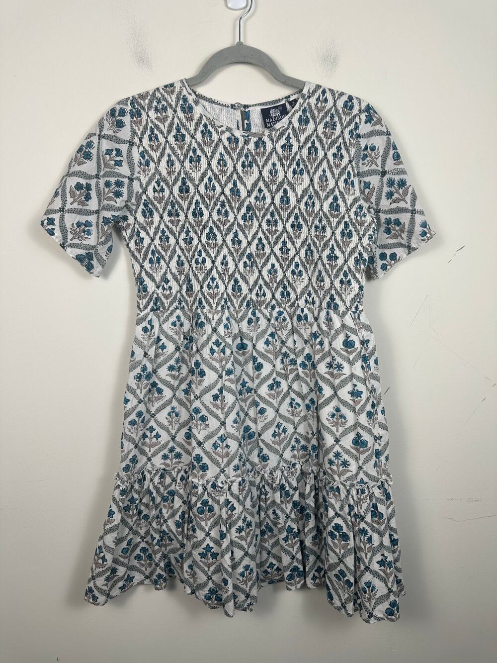 Madison Mathews Mini Dress Women S Blue Smocked Cotton Boho Floral‎ Fit & Flare